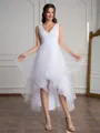 A-line V-neck Pleated Asymmetrical Tulle Wedding Dress