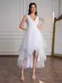 A-line V-neck Pleated Asymmetrical Tulle Wedding Dress