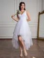 A-line V-neck Pleated Asymmetrical Tulle Wedding Dress