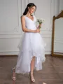 A-line V-neck Pleated Asymmetrical Tulle Wedding Dress
