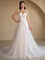 A-Line/Princess Tulle Applique Off-the-Shoulder Sleeveless Chapel Train Wedding Dresses