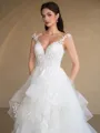 Ball Gown Tulle Applique V-Neck Sleeveless Court Train Wedding Dresses