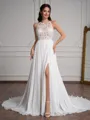 A-Line/Princess Chiffon Lace Scoop Sleeveless Sweep Train Wedding Dresses