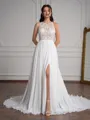 A-Line/Princess Chiffon Lace Scoop Sleeveless Sweep Train Wedding Dresses