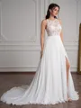 A-Line/Princess Chiffon Lace Scoop Sleeveless Sweep Train Wedding Dresses
