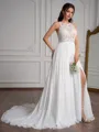 A-Line/Princess Chiffon Lace Scoop Sleeveless Sweep Train Wedding Dresses