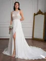 A-Line/Princess Chiffon Lace Scoop Sleeveless Sweep Train Wedding Dresses