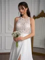 A-Line/Princess Chiffon Lace Scoop Sleeveless Sweep Train Wedding Dresses