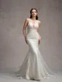 Sheath/Column Stretch Crepe Lace Scoop Sleeveless Court Train Wedding Dresses