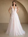 A-Line/Princess Tulle Applique Scoop Sleeveless Sweep Train Wedding Dresses