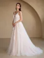A-Line/Princess Tulle Applique Scoop Sleeveless Sweep Train Wedding Dresses