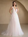 A-Line/Princess Tulle Applique Scoop Sleeveless Sweep Train Wedding Dresses