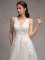 A-Line/Princess Tulle Lace V-Neck Sleeveless Court Train Wedding Dresses