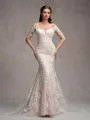 Sheath/Column Lace Off-the-Shoulder Long Sleeves Court Train Wedding Dresses