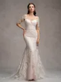 Sheath/Column Lace Off-the-Shoulder Long Sleeves Court Train Wedding Dresses