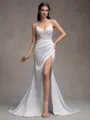Sheath/Column Charmeuse Lace V-Neck Sleeveless Court Train Wedding Dresses