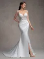 Sheath/Column Charmeuse Lace V-Neck Sleeveless Court Train Wedding Dresses