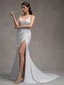 Sheath/Column Charmeuse Lace V-Neck Sleeveless Court Train Wedding Dresses
