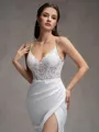 Sheath/Column Charmeuse Lace V-Neck Sleeveless Court Train Wedding Dresses