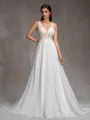 A-Line/Princess Chiffon Lace V-Neck Sleeveless Court Train Wedding Dresses