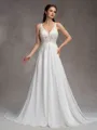 A-Line/Princess Chiffon Lace V-Neck Sleeveless Court Train Wedding Dresses