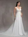 A-Line/Princess Chiffon Lace V-Neck Sleeveless Court Train Wedding Dresses
