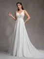 A-Line/Princess Chiffon Lace V-Neck Sleeveless Court Train Wedding Dresses
