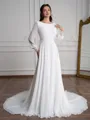 A-Line/Princess Chiffon Lace Scoop Long Sleeves Court Train Wedding Dresses