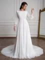 A-Line/Princess Chiffon Lace Scoop Long Sleeves Court Train Wedding Dresses