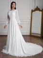 A-Line/Princess Chiffon Lace Scoop Long Sleeves Court Train Wedding Dresses
