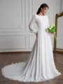 A-Line/Princess Chiffon Lace Scoop Long Sleeves Court Train Wedding Dresses