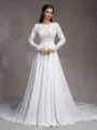 A-Line/Princess Chiffon Lace Scoop Long Sleeves Court Train Wedding Dresses