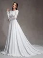 A-Line/Princess Chiffon Lace Scoop Long Sleeves Court Train Wedding Dresses