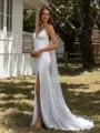 Sheath V-neck Court Train Stretch Crepe Wedding Dress