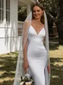 Sheath V-neck Court Train Stretch Crepe Wedding Dress