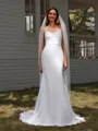Sheath Spaghetti Straps Appliques Lace Chapel Train Chiffon Wedding Dress