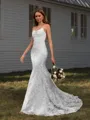 Sheath V-neck Appliques Lace Court Train Lace Wedding Dress