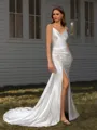 Sheath V-neck Pleated Court Train Silk Like Satin Wedding Dress