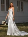 Sheath V-neck Pleated Court Train Silk Like Satin Wedding Dress