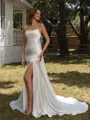 Sheath Spaghetti Straps Pleated Chapel Train Silk Like Satin Wedding Dress