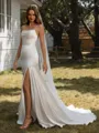Sheath Spaghetti Straps Pleated Chapel Train Silk Like Satin Wedding Dress