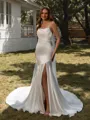 Sheath Spaghetti Straps Pleated Chapel Train Silk Like Satin Wedding Dress