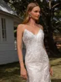 Sheath V-neck Appliques Lace Chapel Train Lace Wedding Dress