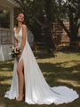 A-line V-neck Pleated Chapel Train Stretch Crepe Wedding Dress