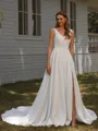 A-line V-neck Pleated Chapel Train Stretch Crepe Wedding Dress