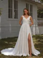A-line V-neck Pleated Chapel Train Stretch Crepe Wedding Dress