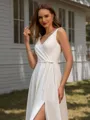A-line V-neck Pleated Chapel Train Stretch Crepe Wedding Dress