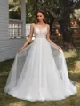 A-line V-neck Appliques Lace Chapel Train Tulle Wedding Dress