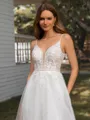A-line V-neck Appliques Lace Chapel Train Tulle Wedding Dress