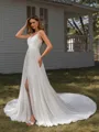 A-line V-neck Pleated Cathedral Train Chiffon Wedding Dress